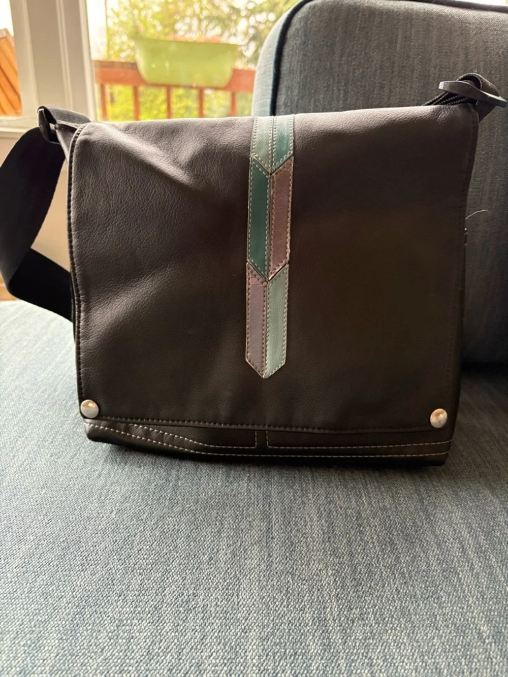Queen Bee crossbody- Black Vegan Leather Crossbody Bag with Teal Accent - Picture 2 of 7